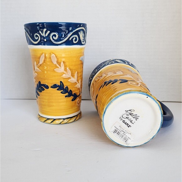 BELLA CASA by Ganz Mugs Cups Handpainted Tall Coffee Latte Blue Gold Vtg 2 Piece - Picture 5 of 9